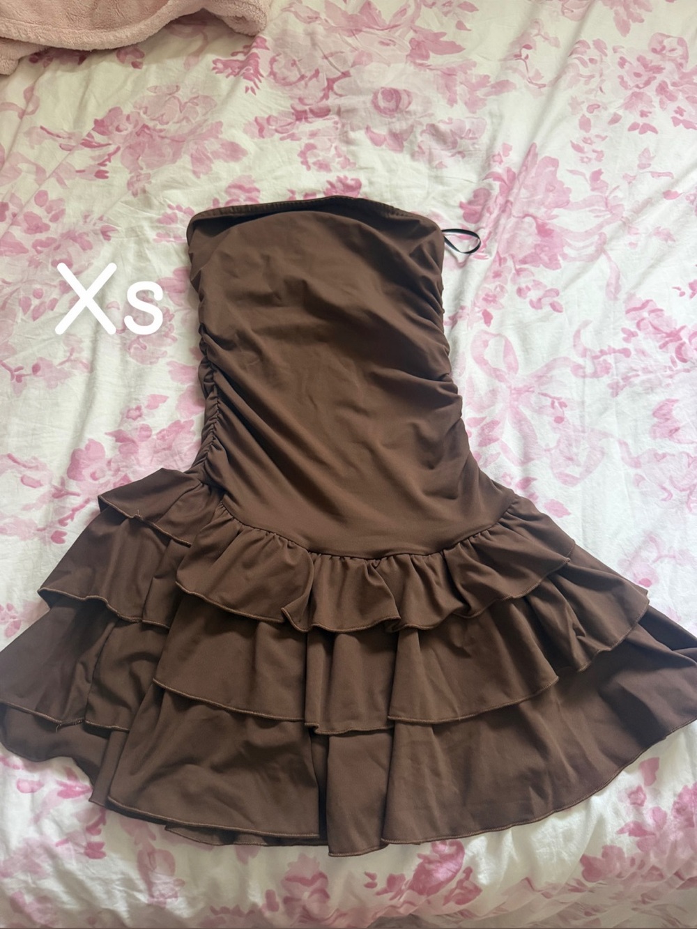 Brown Ruffle Strapless Dress